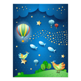 Surrealistische nacht met ballonnen en sterrengolf foto afdruk