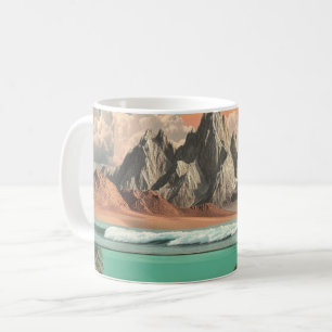 Surrealistische oceaan- en berglandschap met golve koffiemok