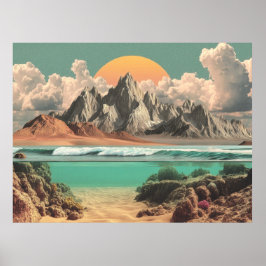 Surrealistische oceaan- en berglandschap met golve poster