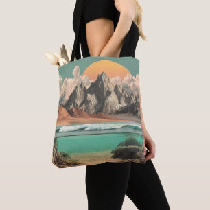 Surrealistische oceaan- en berglandschap met golve tote bag