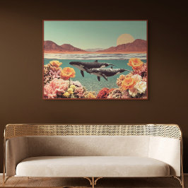 Surrealistische oceaanscène met walvissen en koraa poster