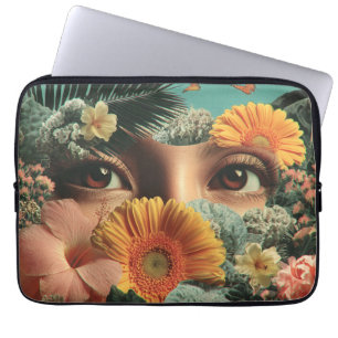 Surrealistische ogen en bloemen met vlinders laptop sleeve