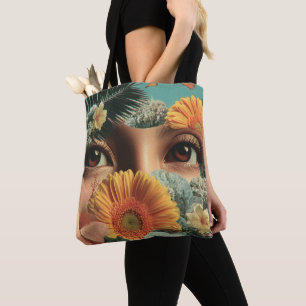 Surrealistische ogen en bloemen met vlinders tote bag