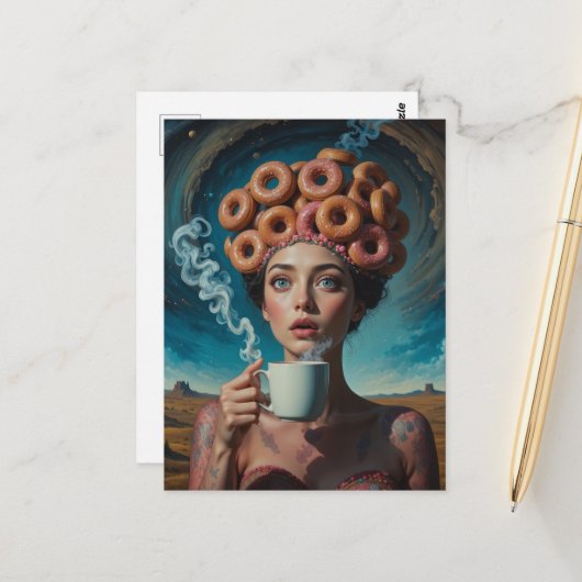 Surrealistische ontbijt donuts  briefkaart (Voorkant / Achterkant in situ)