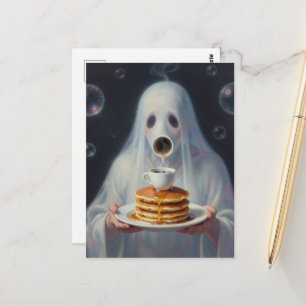 Surrealistische ontbijtpannenkoeken spook met koff briefkaart