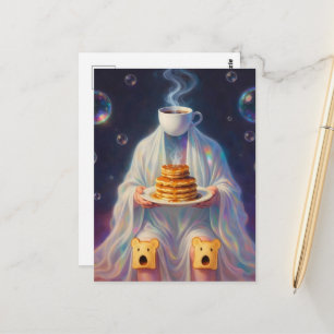 Surrealistische ontbijtpannenkoeken spook met koff briefkaart