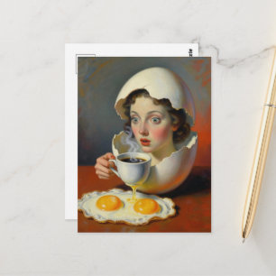 Surrealistische ontbijtvrouw in gebarsten ei met k briefkaart