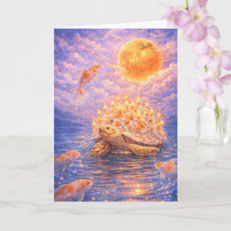 Surrealistische oranje schildpad verjaardagstaart  kaart