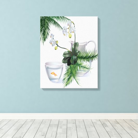 surrealistische orchideeëngoudvis canvas afdruk (Insitu (Houten vloer))