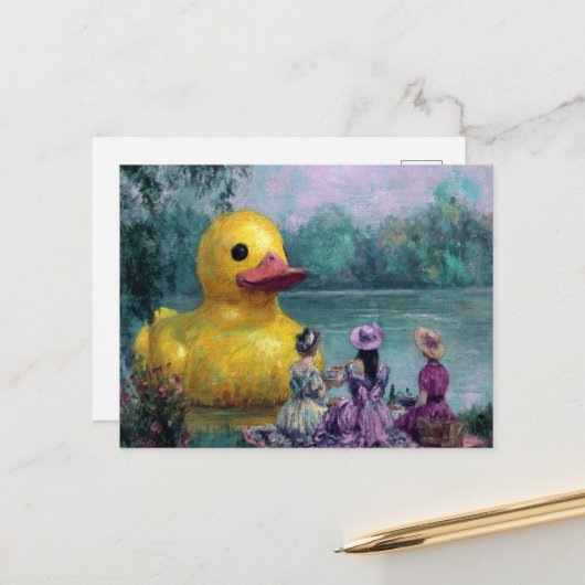 Surrealistische picknick met een gigantische eend briefkaart (Voorkant / Achterkant in situ)