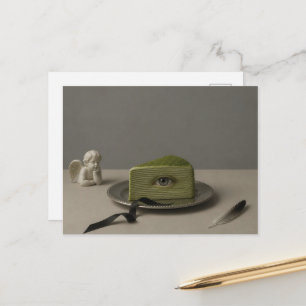 Surrealistische plak matcha cake met oogbol briefkaart