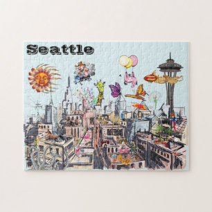 Surrealistische Pop Art Busy City of Seattle Legpuzzel