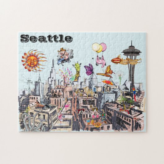 Surrealistische Pop Art Busy City of Seattle Legpuzzel (Horizontaal)
