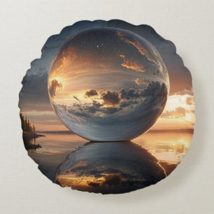 Surrealistische reflecterende bol met zonsondergan rond kussen