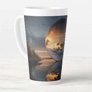 Surrealistische reflectieve bol met zonsondergangs latte mok