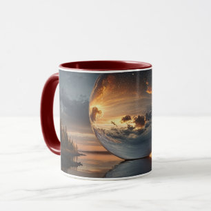 Surrealistische reflectieve bol met zonsondergangs mok