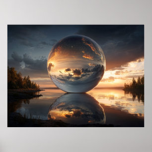Surrealistische reflectieve bol met zonsondergangs poster
