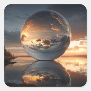 Surrealistische reflectieve bol met zonsondergangs vierkante sticker