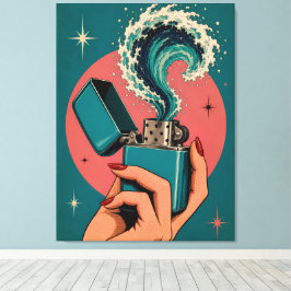 Surrealistische Retro Pop Art Aansteker met Oceaan Canvas Afdruk