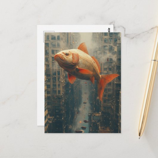 Surrealistische reuzenvis in de lucht van de stad briefkaart (Voorkant / Achterkant in situ)