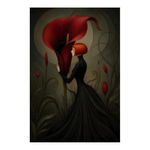 Surrealistische Rode Calla Lelie Vrouw Zwarte Kat