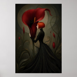 Surrealistische Rode Calla Lelie Vrouw Zwarte Kat  Poster