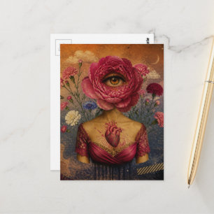Surrealistische roze bloemendame collage briefkaart