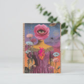 Surrealistische roze bloemendame collage briefkaart (Staand voorkant)