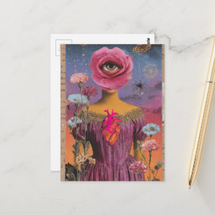 Surrealistische roze bloemendame collage briefkaart