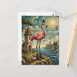 Surrealistische roze flamingo in laarzen op het st briefkaart