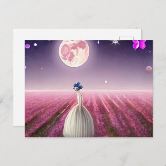 Surrealistische  roze veldbride en maan briefkaart (Voorkant / Achterkant)