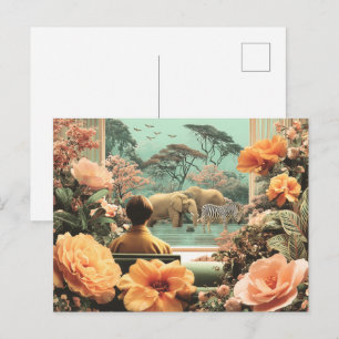 Surrealistische safari-scène met olifanten zebra's briefkaart