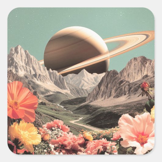 Surrealistische Saturnus boven bergvallei Vierkante Sticker (Voorkant)