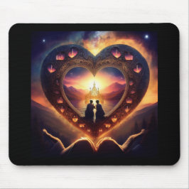 Surrealistische scène met liefdevol paar dat op he muismat