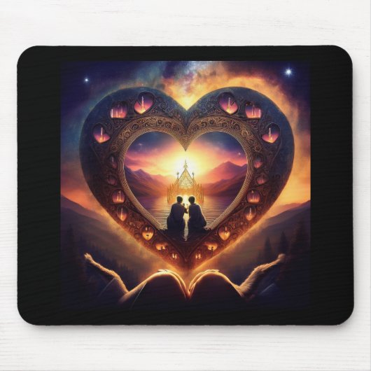 Surrealistische scène met liefdevol paar dat op he muismat (Voorkant)