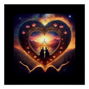 Surrealistische scène met liefdevol paar dat op he perfect poster