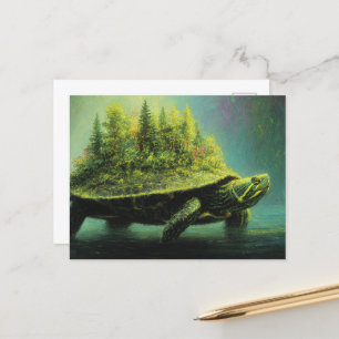 Surrealistische schildpad met een bos op schelp briefkaart
