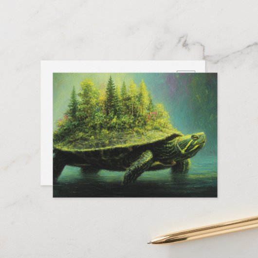 Surrealistische schildpad met een bos op schelp briefkaart (Voorkant / Achterkant in situ)