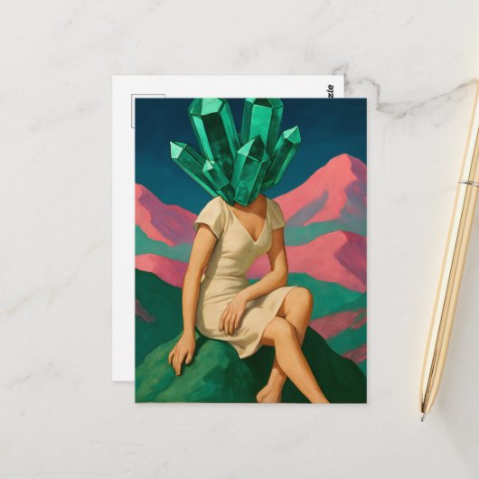 Surrealistische Smaragdkristallen Vrouw Briefkaart (Voorkant / Achterkant in situ)