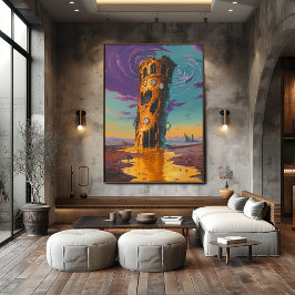 Surrealistische smeltende klokkentoren in een drom poster