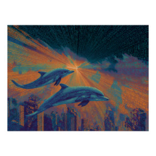 Surrealistische stads zonsondergang met vliegende  perfect poster
