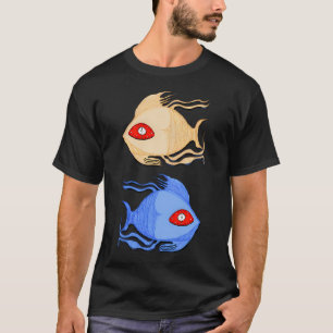 Surrealistische tekening van tweelingvissen met gr t-shirt