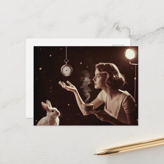 Surrealistische thee met het konijn briefkaart (Voorkant / Achterkant in situ)