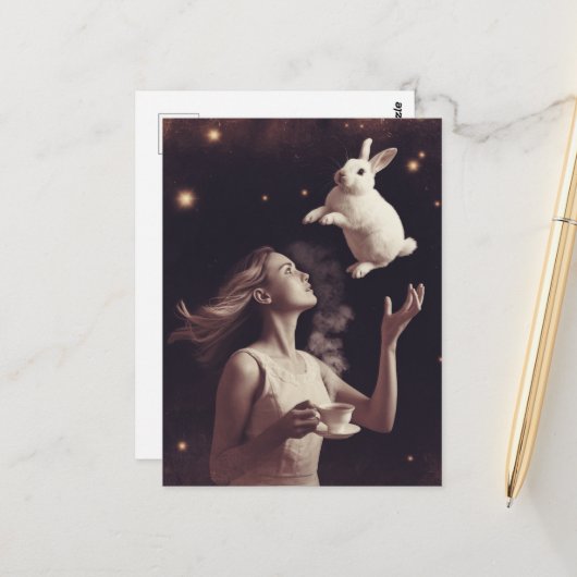 Surrealistische thee met het witte konijn briefkaart (Voorkant / Achterkant in situ)