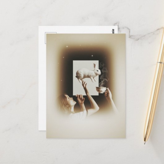Surrealistische thee met het witte konijn briefkaart (Voorkant / Achterkant in situ)