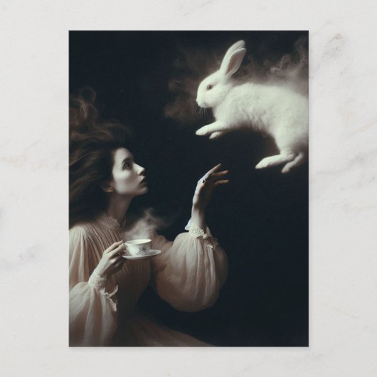 Surrealistische thee met het witte konijn zwart en briefkaart (Voorkant)