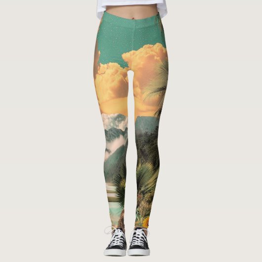 Surrealistische Tropische Vallei Met Palmbomen Leggings (Voorkant)