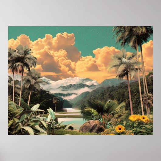 Surrealistische Tropische Vallei Met Palmbomen Poster (Voorkant)