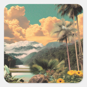 Surrealistische Tropische Vallei Met Palmbomen Vierkante Sticker