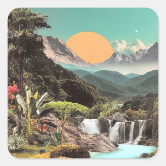Surrealistische Tropische Vallei Met Watervallen Vierkante Sticker (Voorkant)